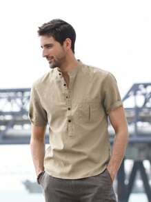 Men Solid Half Button Shirt - Khaki - View 6