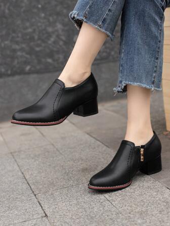 Fall/Winter Women Minimalist Side Zipper Loafer Pumps, Chunky Heeled Elegant Pumps,Elegant
