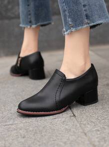 秋冬女士极简侧拉链乐福鞋，粗跟优雅高跟鞋，优雅 - 黑色 - 查看 2