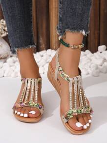 Women Floral Pattern Rhinestone Decor Wedge Sandals, Vacation Sandals - Silver - View 1