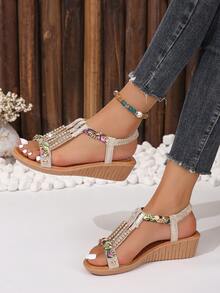 Women Floral Pattern Rhinestone Decor Wedge Sandals, Vacation Sandals - Silver - View 3