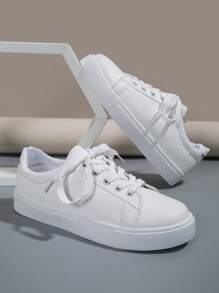 女式平底系带学院风白色休闲帆布运动鞋