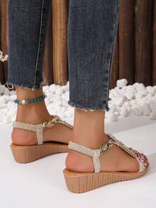 Women Floral Pattern Rhinestone Decor Wedge Sandals, Vacation Sandals - Silver - View 5