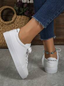 女式平底系带学院风白色休闲帆布运动鞋