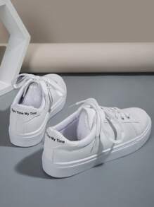 女式平底系带学院风白色休闲帆布运动鞋