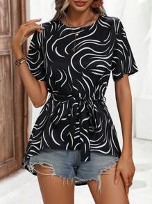 SHEIN LUNE Áo sơ mi nữ Thắt lưng Cao thấp Tất cả trên in Giải trí - Đen và trắng - Xem 1