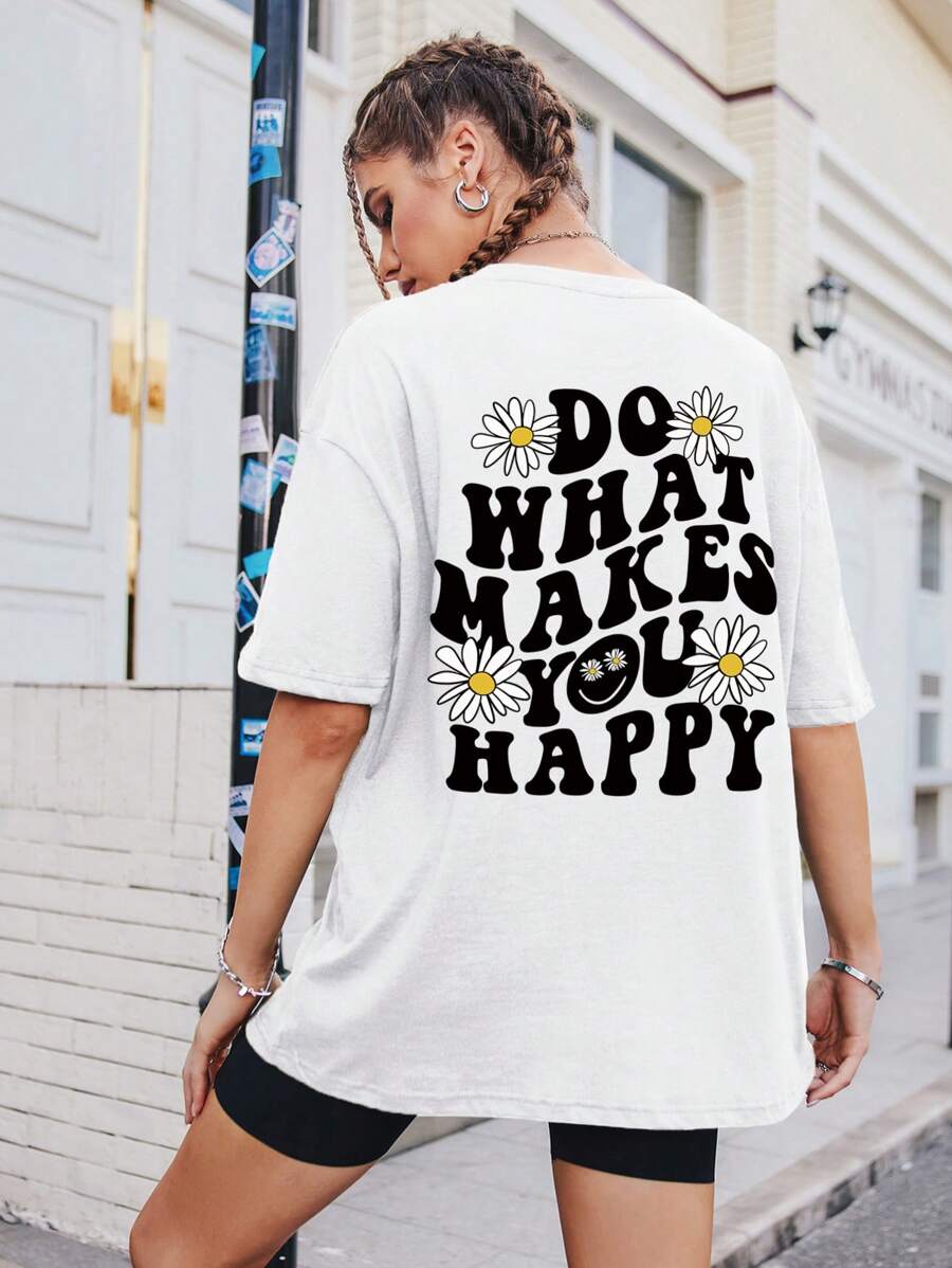 SHEIN EZwear Slogan Graphic Drop Shoulder Oversized Tee - White - View 1