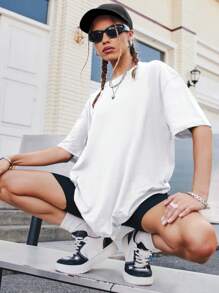 SHEIN EZwear Slogan Graphic Drop Shoulder Oversized Tee - White - View 5