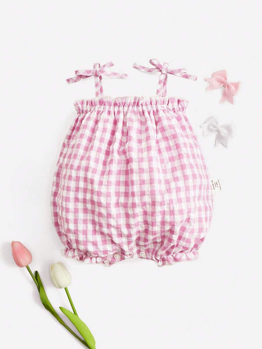 SHEIN 嬰兒嬰兒1入組格子圖案吊帶連體短褲 - 彩色 - 查看 1