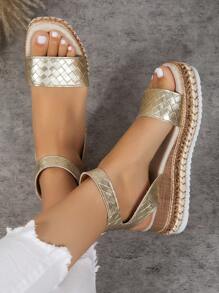 度假金色涼鞋適用於女士金屬質感編織細節踝帶坡跟涼鞋 - 金色 - 查看 7