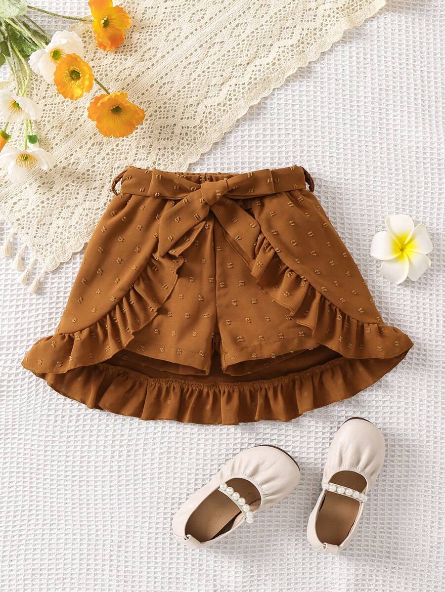 Toddler Girls Ruffle Trim Belted Shorts - Brown - View 1
