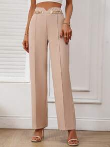 SHEIN Privé Chain Detail Asymmetrical Waistband Seam Detail Straight Leg Trousers - Khaki - View 6