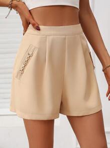 SHEIN Privé 高腰拼接細節闊腿短褲 - 杏色 - 查看 3