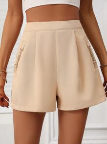 SHEIN Privé 高腰拼接細節闊腿短褲 - 杏色 - 查看 6