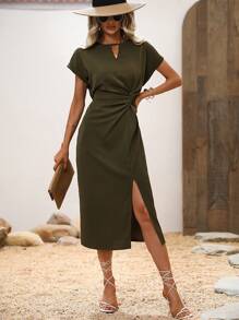SHEIN Clasi 鎖眼領前扭結高衩蝙蝠袖連衣裙 - 軍綠色 - 查看 4