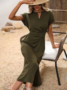 SHEIN Clasi 鎖眼領前扭結高衩蝙蝠袖連衣裙 - 軍綠色 - 查看 6
