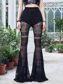 ROMWE Goth Quần nữ Tương phản ren cắt Hình học Gợi cảm - màu đen - Xem 1