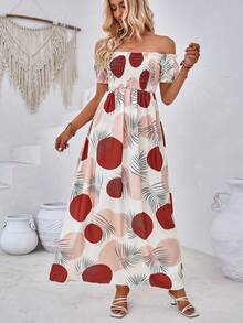 Breezaya Tropical Print Off Shoulder Frill Trim Dress - White - View 3