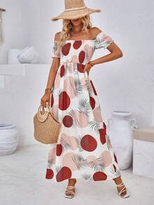 Breezaya Tropical Print Off Shoulder Frill Trim Dress - White - View 5