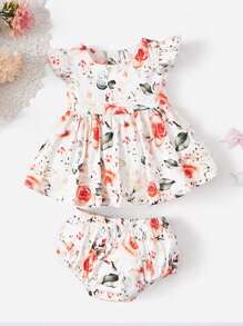 SHEIN Bộ đồ Em bé Xù Viên lá sen Dây kéo Hoa Tất cả trên in - Nhiều màu - Xem 1