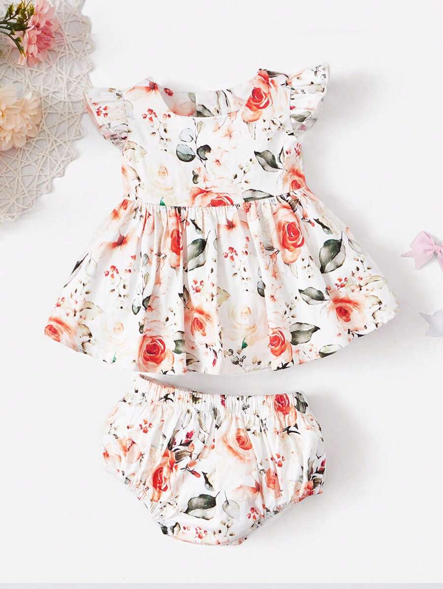 SHEIN Bộ đồ Em bé Xù Viên lá sen Dây kéo Hoa Tất cả trên in - Nhiều màu - Xem 1