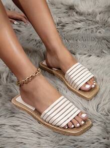 Women Striped Pattern Slippers, Vacation Beige Fabric Slides For Summer - Beige - View 4