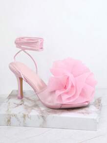 Mesh Pom Pom High Heel Sandals - Baby Pink - View 2