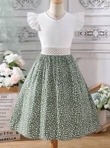 SHEIN Girls Ditsy Floral Print Ruffle Trim Contrast Lace Dress - White - View 1