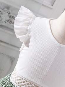 SHEIN Girls Ditsy Floral Print Ruffle Trim Contrast Lace Dress - White - View 4