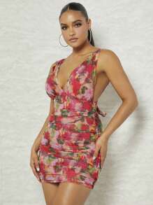 Hauture Floral Print Ruched Tie Backless Dress
