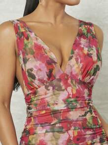 Hauture Floral Print Ruched Tie Backless Dress