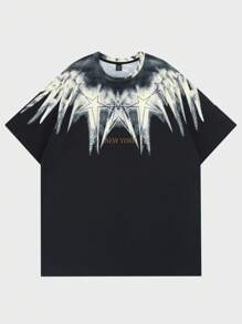 ROMWE MEN Street Life 男士星星字母圖形短袖t恤 - 黑色 - 查看 1