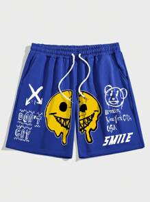 ROMWE MEN Street Life Quần Short Nam Dây kéo Túi Thắt nơ trước Hoạt hình Lá thư Giải trí - Xanh đậm - Xem 1