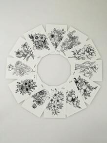 12入組黑色寫生牽牛花暫時性紋身,1/4手臂大小的假貼紋,適用於女性 - 黑與白 - 查看 1