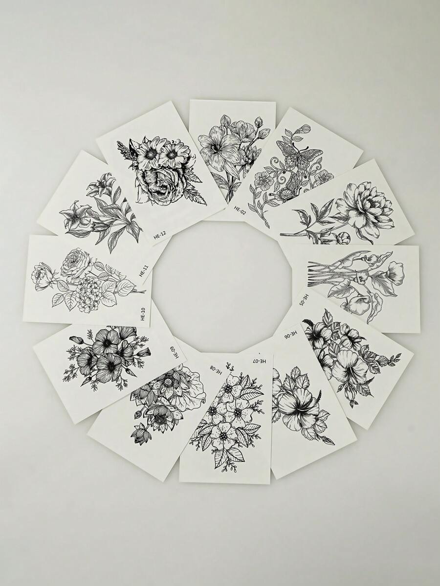 12入組黑色寫生牽牛花暫時性紋身,1/4手臂大小的假貼紋,適用於女性 - 黑與白 - 查看 1