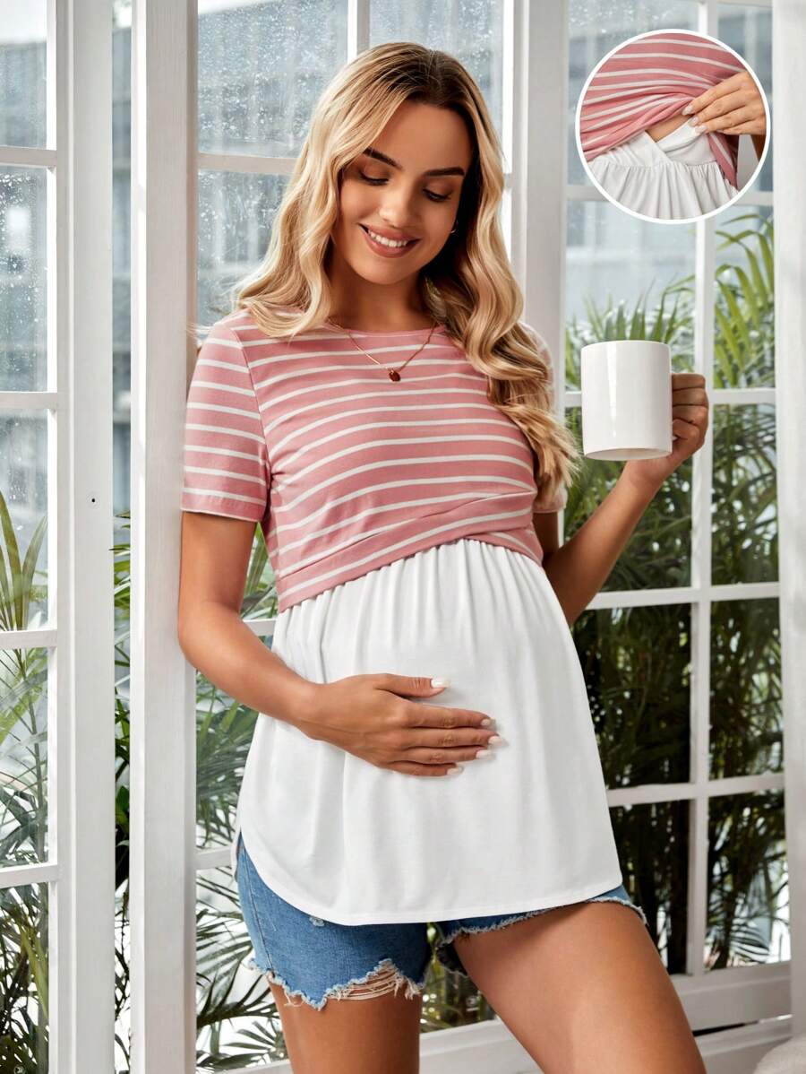 SHEIN Maternity Striped Print Peplum Nursing Tee - Multicolor - View 1