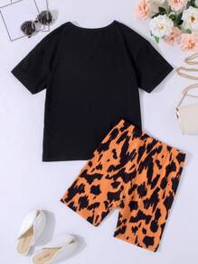 SHEIN Girls Heart Print Tee & Biker Shorts - Multicolor - View 2