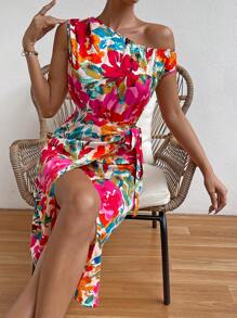 SHEIN Privé 印花不對稱領側打結圍裹洋裝 - 彩色 - 查看 5