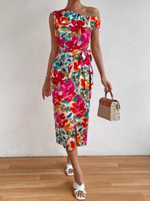 SHEIN Privé 印花不對稱領側打結圍裹洋裝 - 彩色 - 查看 4