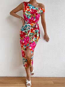 SHEIN Privé 印花不對稱領側打結圍裹洋裝 - 彩色 - 查看 1