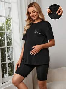 SHEIN Bộ đồ hai mảnh Bà bầu Lá thư Giải trí - màu đen - Xem 1