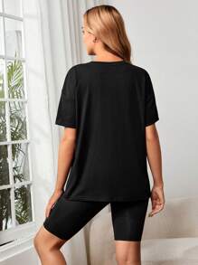 SHEIN Bộ đồ hai mảnh Bà bầu Lá thư Giải trí - màu đen - Xem 2