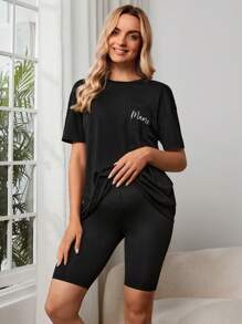 SHEIN Bộ đồ hai mảnh Bà bầu Lá thư Giải trí - màu đen - Xem 3