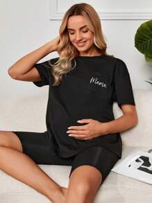 SHEIN Bộ đồ hai mảnh Bà bầu Lá thư Giải trí - màu đen - Xem 4