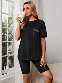 SHEIN Bộ đồ hai mảnh Bà bầu Lá thư Giải trí - màu đen - Xem 6