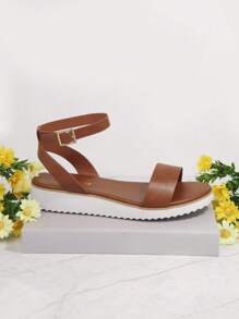 Open Toe Ankle Strap Flat Sandals - Brown - View 2