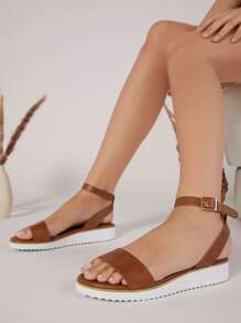 Open Toe Ankle Strap Flat Sandals - Brown - View 3