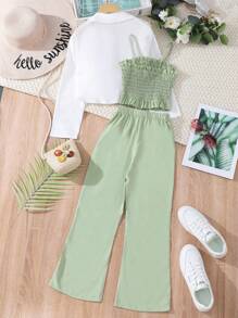 Tween Girl Shirred Cami Top & Flare Leg Trousers & Button Up Blouse - Multicolor - View 2