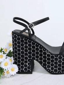 人造皮革踝帶防水台高跟鞋 - 黑色 - 查看 4