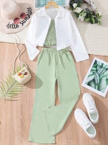 Tween Girl Shirred Cami Top & Flare Leg Trousers & Button Up Blouse - Multicolor - View 7